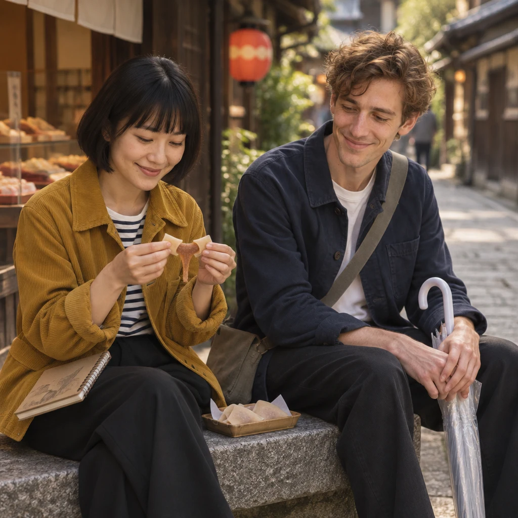 Haruka opens a piece of yatsuhashi to reveal its chewy inside while Leo watches.
