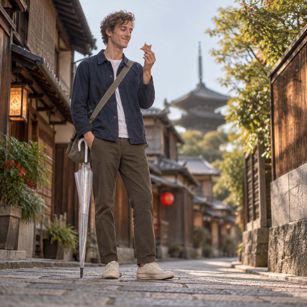 Leo studies the last bite of yatsuhashi with relaxed shoulders in the lane.