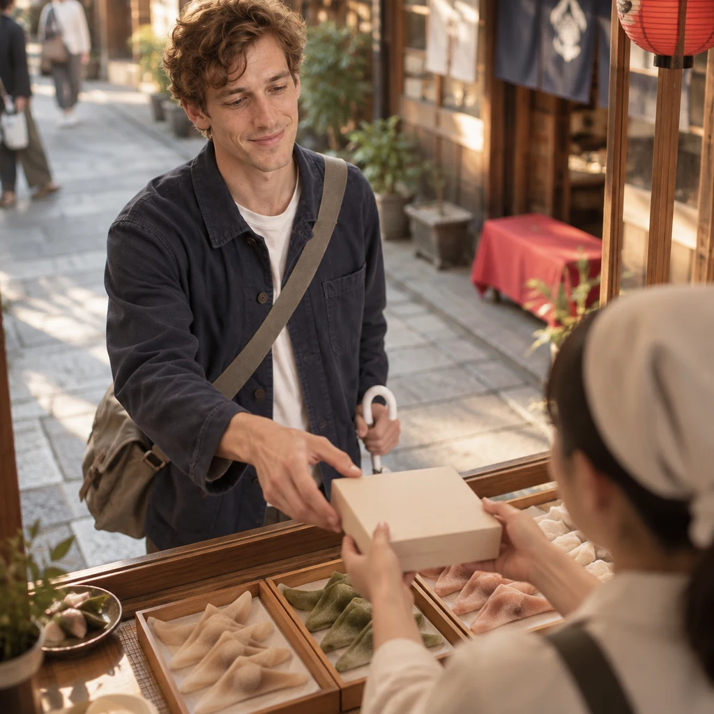 Leo reaches for a plain souvenir box on the stall counter.
