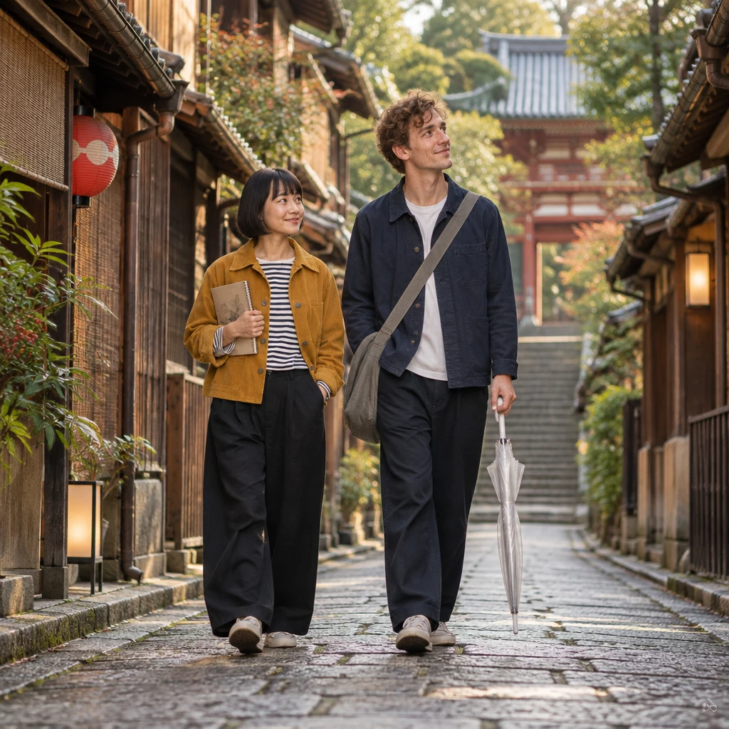 Haruka and Leo pause on the narrow Kyoto lane, with a small temple gate visible through the trees.