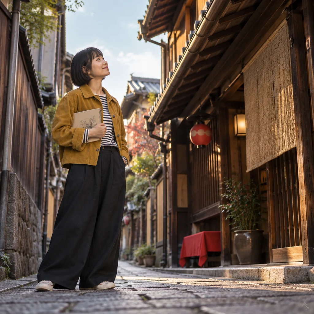 Haruka looks up along the old wooden shop eaves.