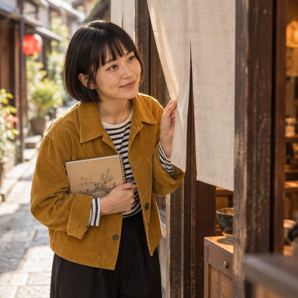 Haruka pauses by the wooden shop entrance and looks past its blank curtain.