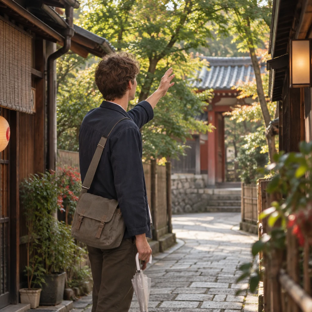 Leo lifts a hand toward the small temple gate visible among the trees.