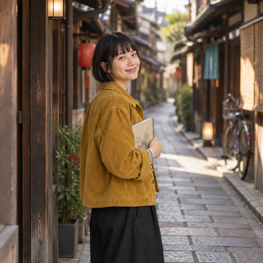 Haruka looks back over her shoulder along the narrow street.