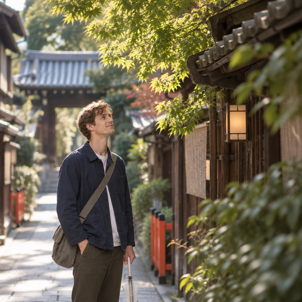 Leo stands quietly beneath the trees, looking up above the wooden roofs.