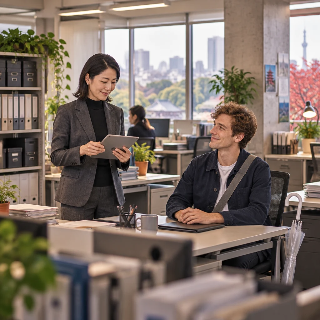 Mori-san opens her tablet beside Leo's desk to begin their conversation about work hours.