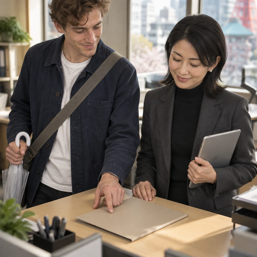 Leo points to a folder to identify the work under Leo's responsibility while Mori-san holds her tablet nearby.