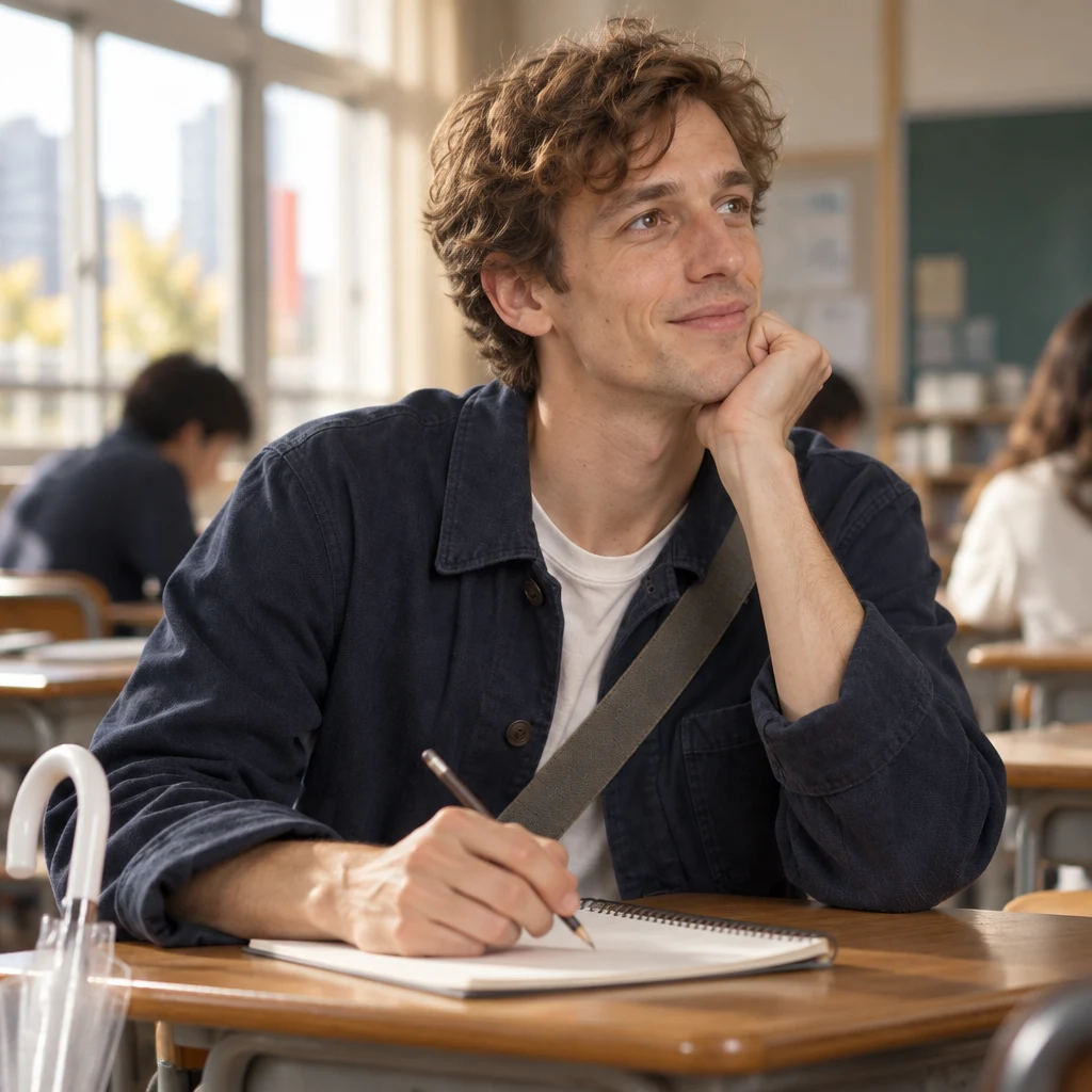 Leo considers which subject he likes best while seated at a classroom desk.