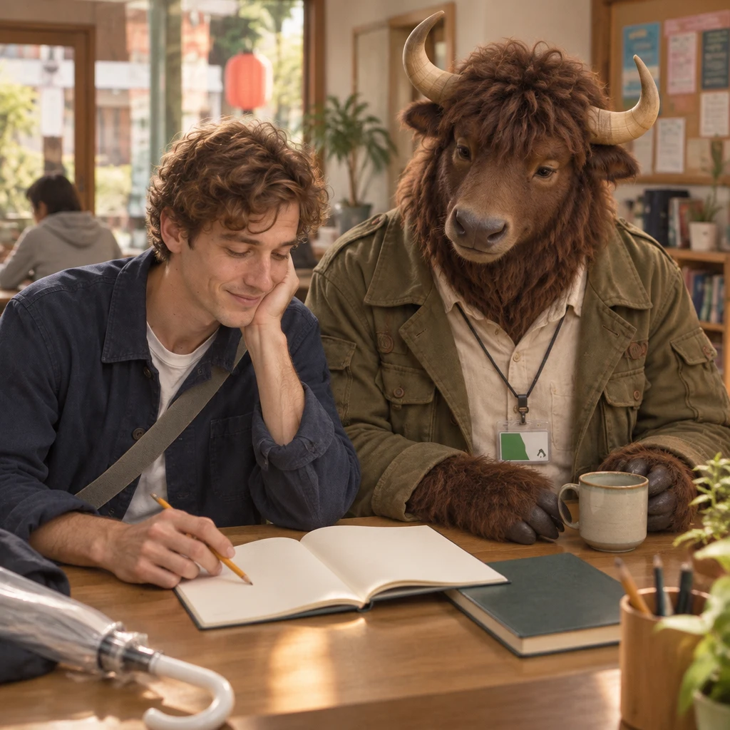Leo studies at a community-centre desk with Goro seated beside him.