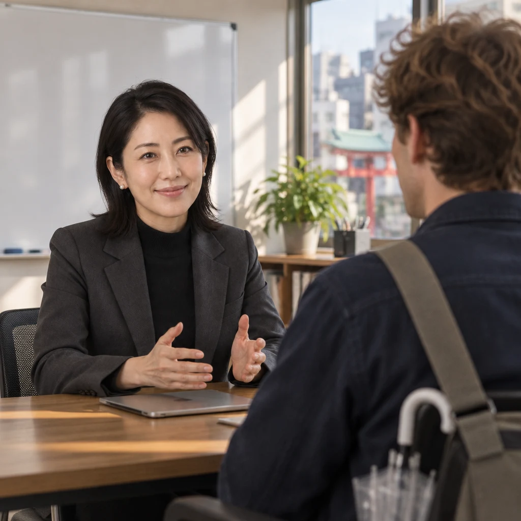 Mori-san sets her tablet down across the table as she settles the short meeting plan with Leo.
