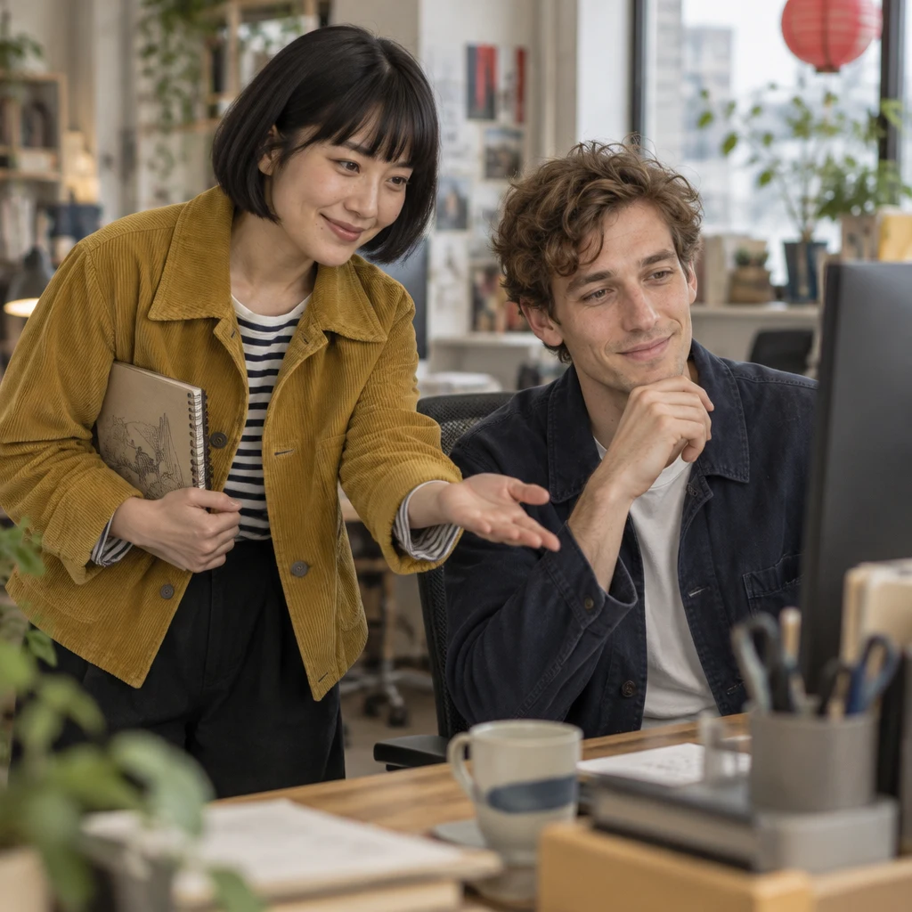 Haruka opens a hand toward the stalled puzzle while Leo remains seated at the desk.