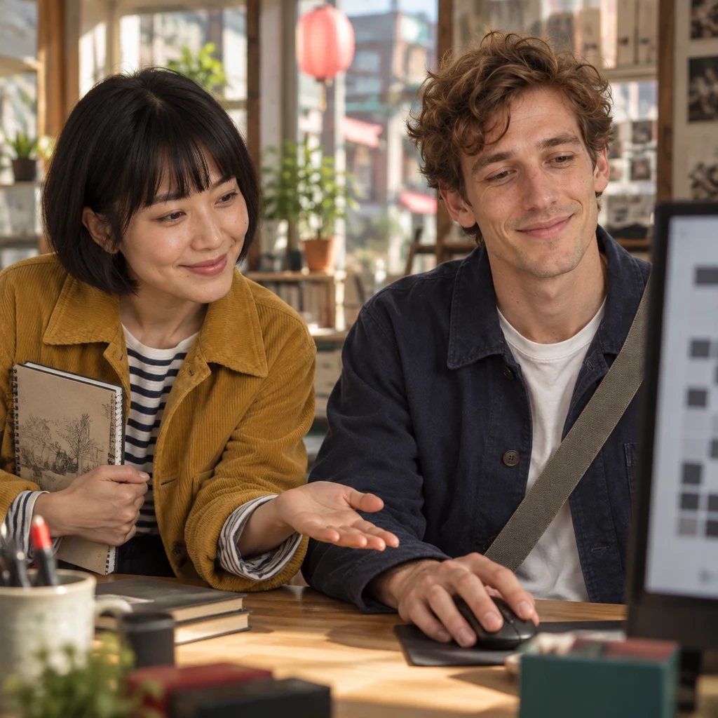 Haruka offers to help while Leo keeps a hand near the computer controls.
