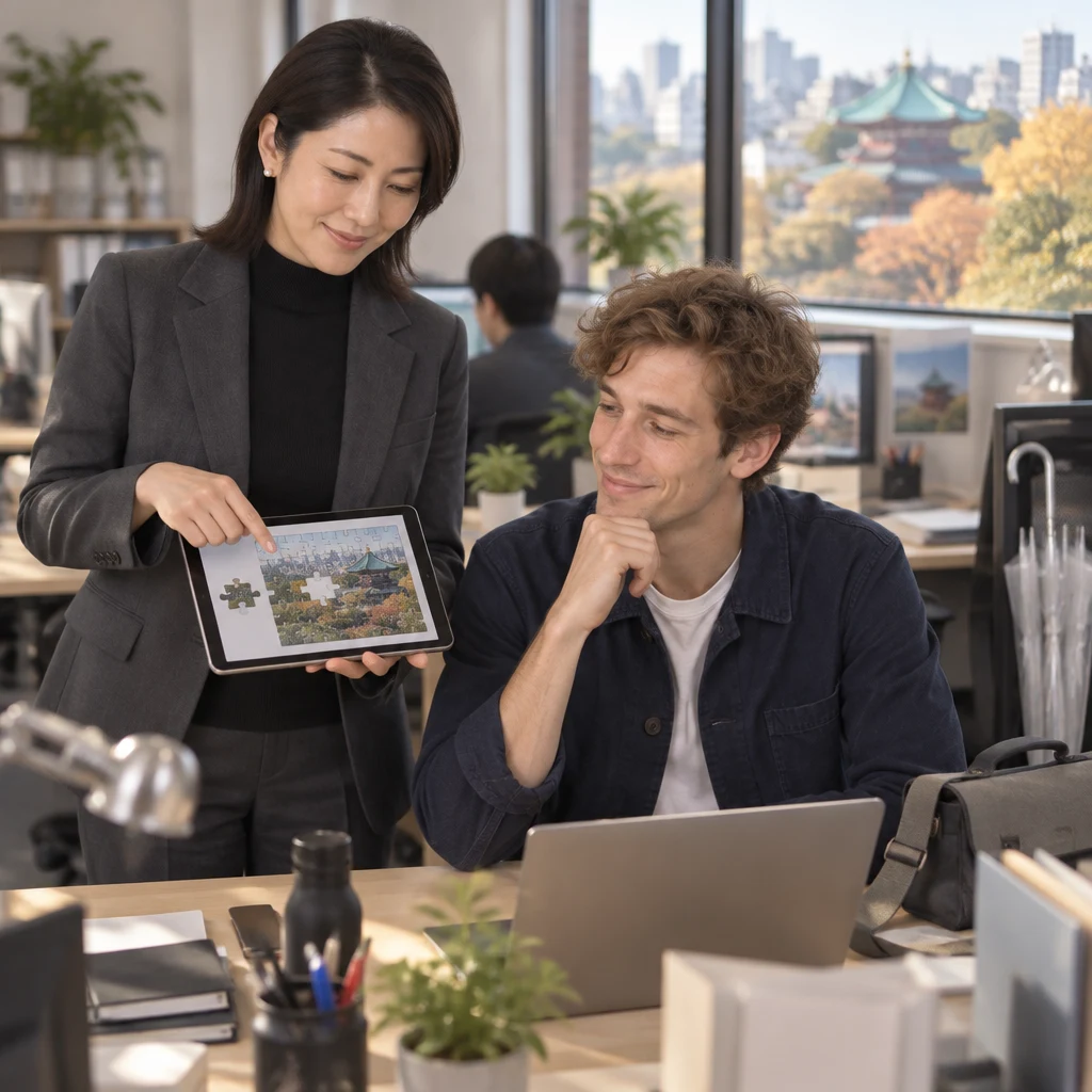 Mori-san stands beside Leo at his desk as a puzzle piece appears displaced to the left on his tablet.