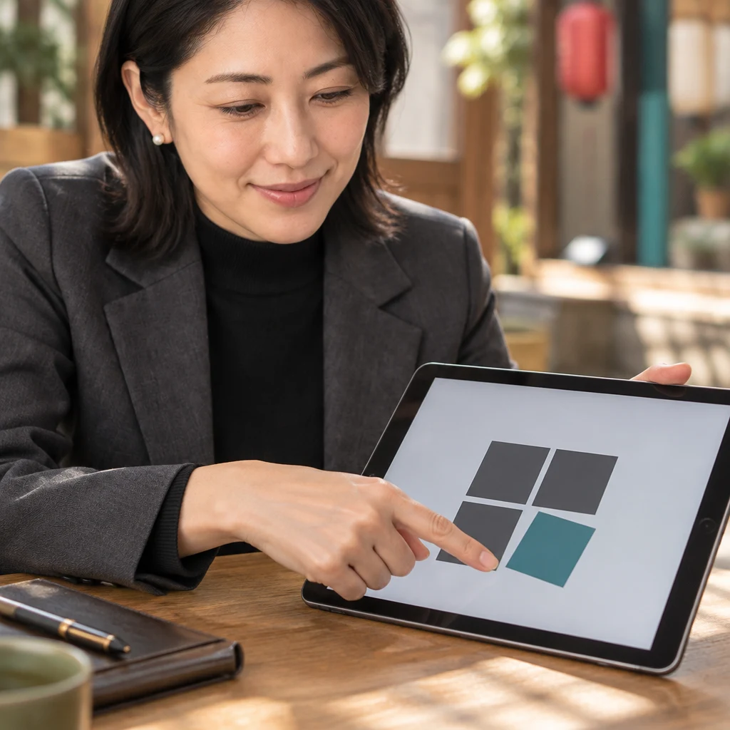 Mori-san points to one corner of the puzzle on the tablet.