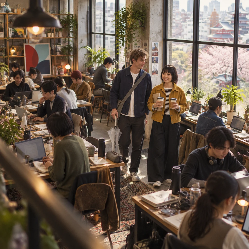 Leo reaches Haruka by the window in the packed co-working space while she holds two steaming paper cups.