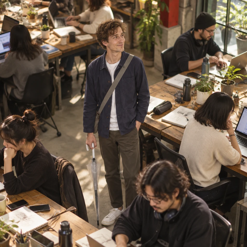 Leo looks across the crowded tables filled with work gear.