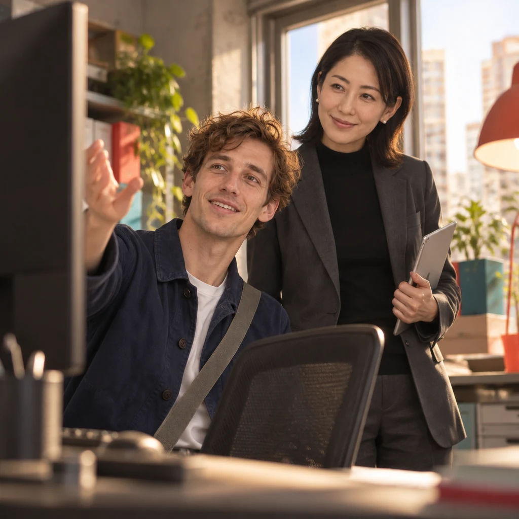 Leo turns toward Mori-san and gestures toward the computer to offer a demonstration.