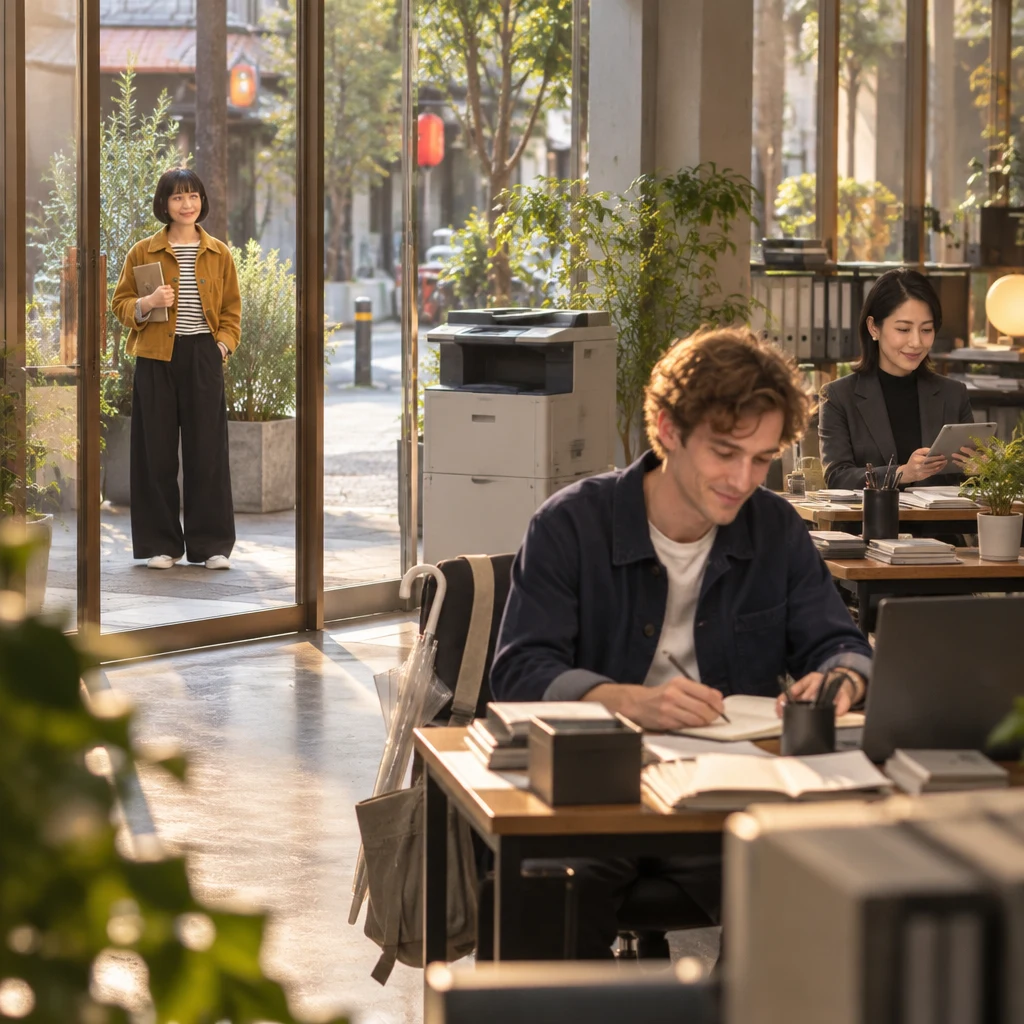 Haruka waits outside the Ueno office while Leo and Mori-san remain inside with work still in progress.