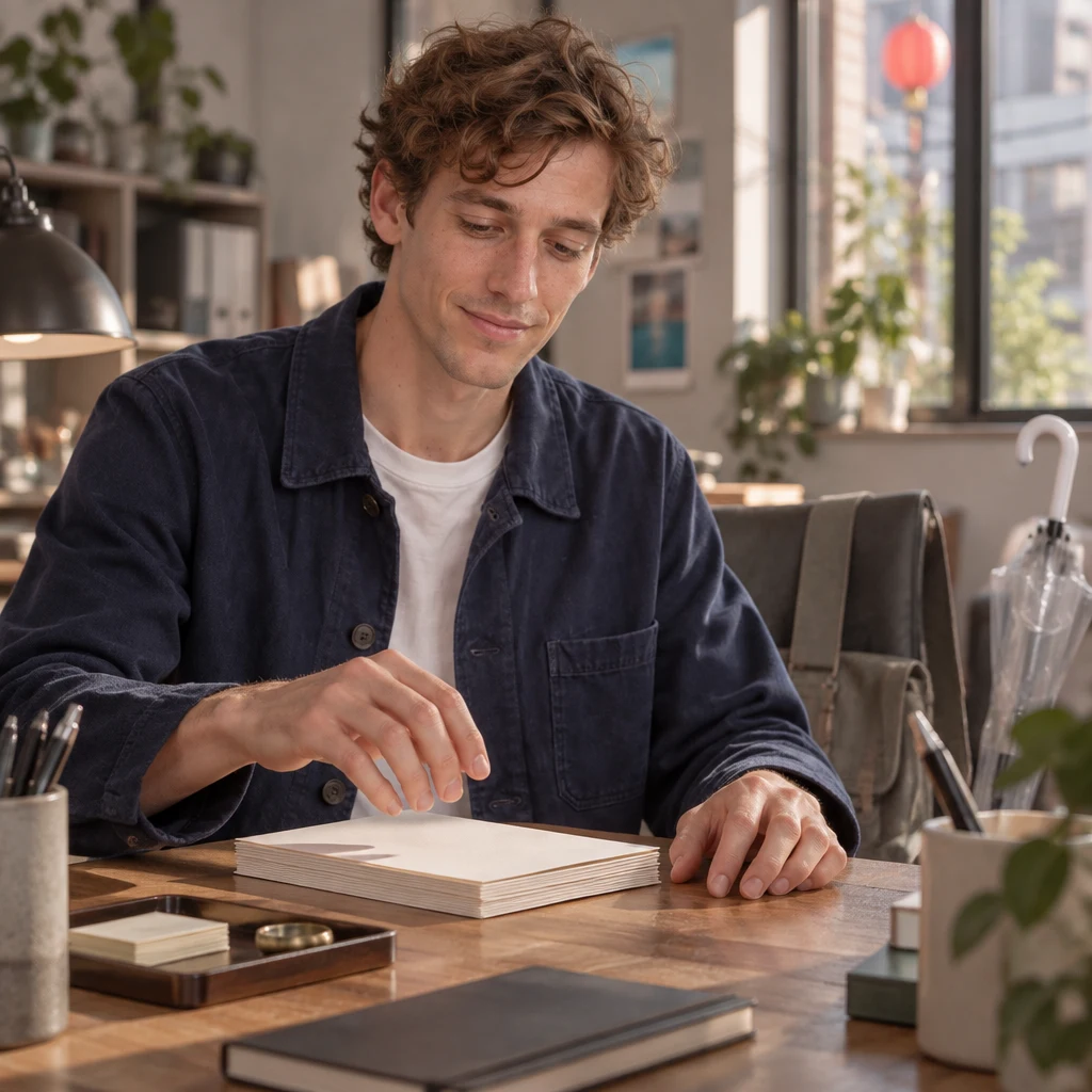 Leo pauses over the notes that are keeping him at work.
