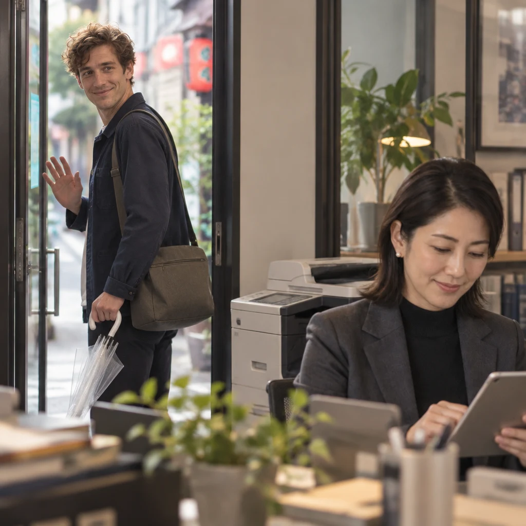 Leo starts to leave while Mori-san stays at her desk working.