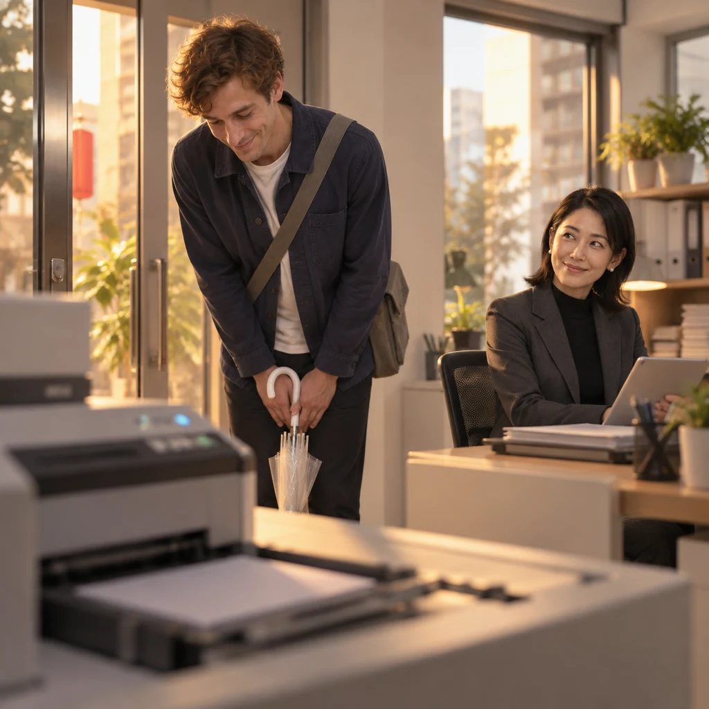 Leo bows toward the printer as Mori-san remains at her desk.