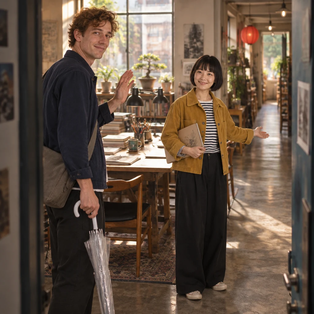 Leo pauses on his way toward the restroom corridor and politely gestures to Haruka.
