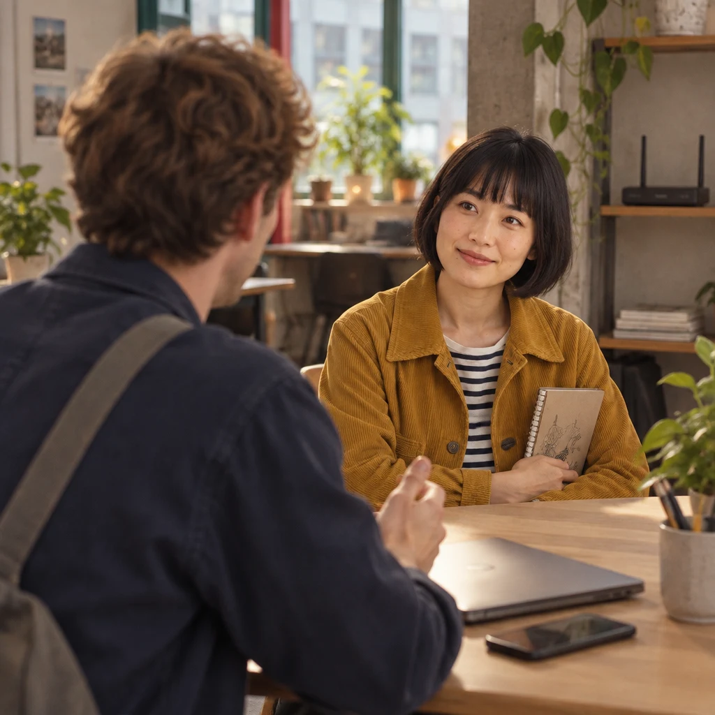 Leo turns from the blank laptop toward Haruka to ask about Wi-Fi.