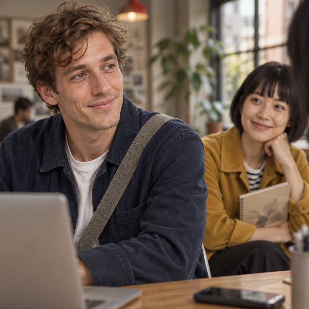 Leo looks toward Haruka as he asks for the Wi-Fi password.