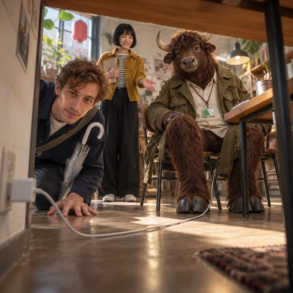 Leo crouches to look beneath the desk while Goro sits over the cord near the outlet.