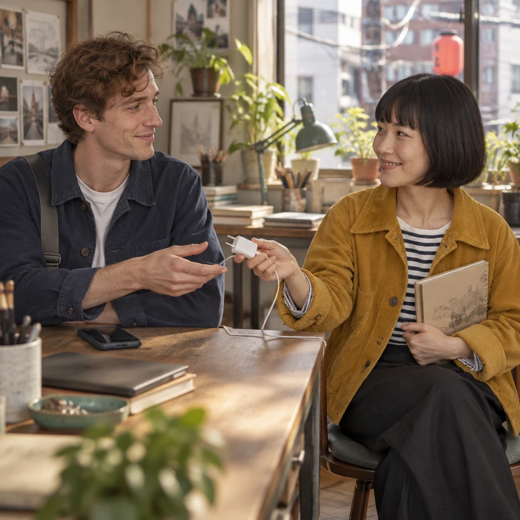 Haruka offers Leo a charger after he asks to borrow one.