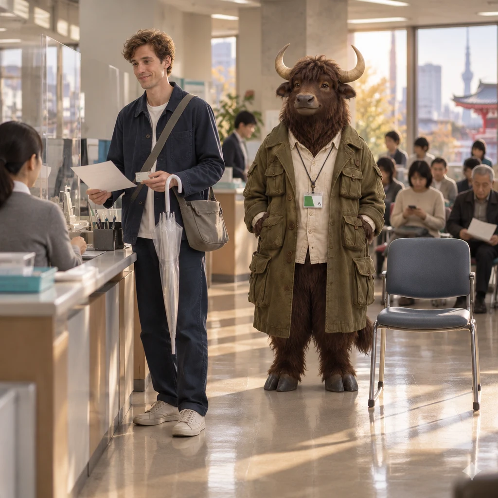 Leo holds his form and residence card in the busy ward office while Goro stands beside a small waiting-room chair.