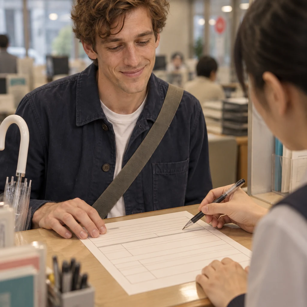 The clerk points a pen at the empty address field on Leo’s application form.