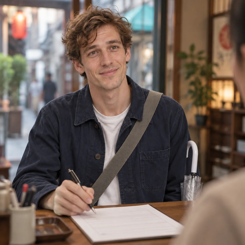 Leo pauses with his pen above the form and looks toward the clerk to ask whether a signature is needed.