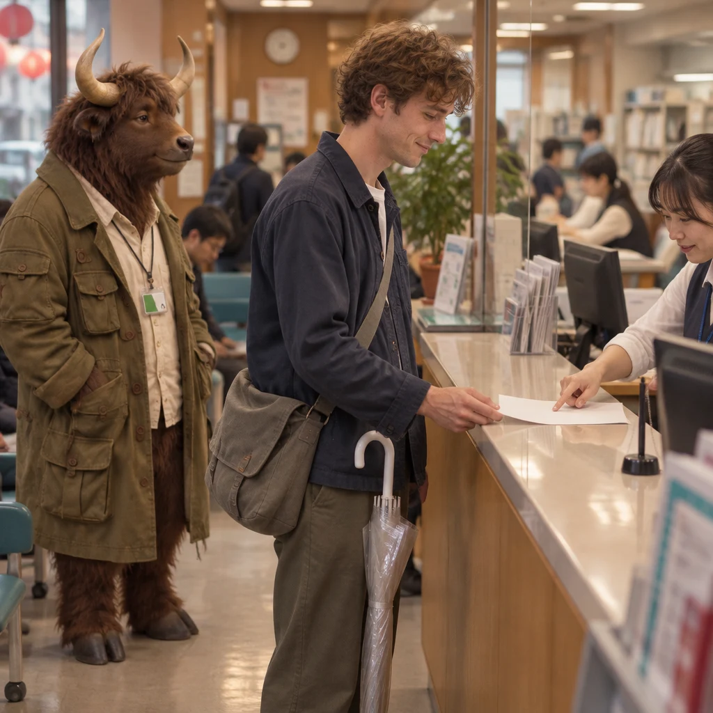 The clerk slides the form toward Leo and indicates the blank signature space while Goro waits behind him.