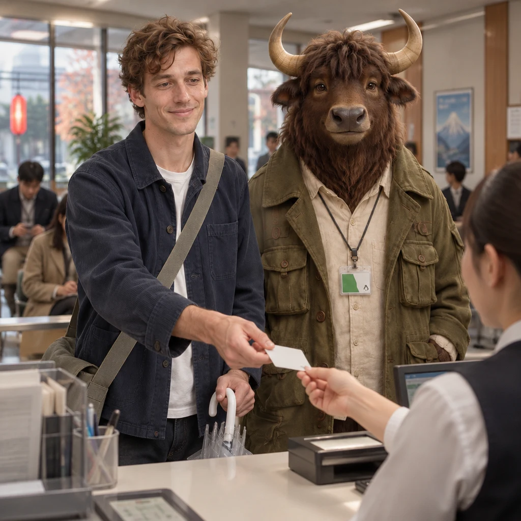 Leo holds out his residence card at the service counter as Goro stands beside him.