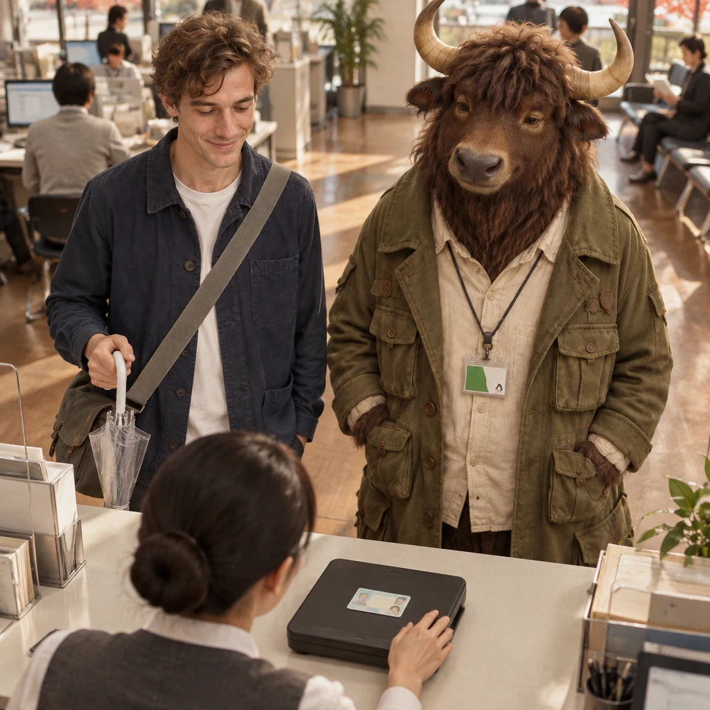 The scanner has stopped reading Leo’s residence card as the clerk checks the machine and Goro continues waiting beside him.