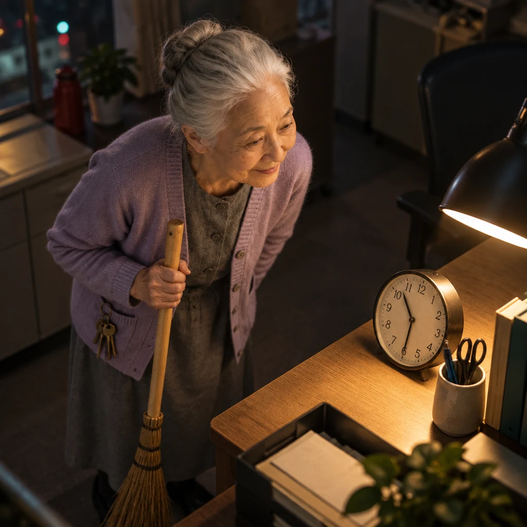 Ono-san leans over the office desk to check a clock showing half past ten at night.