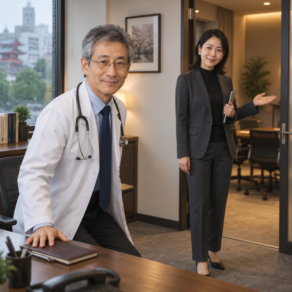 Dr. Ishida begins rising from a desk as Mori-san beckons from a meeting-room doorway.