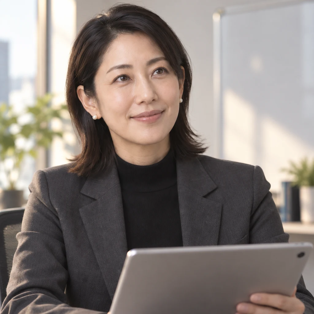 Mori-san looks up from her tablet, considering whether the proposed meeting time works.