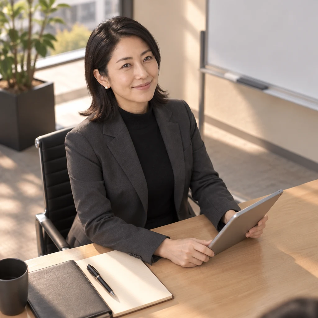 Mori-san gives a small confirming nod and settles one hand on her tablet.
