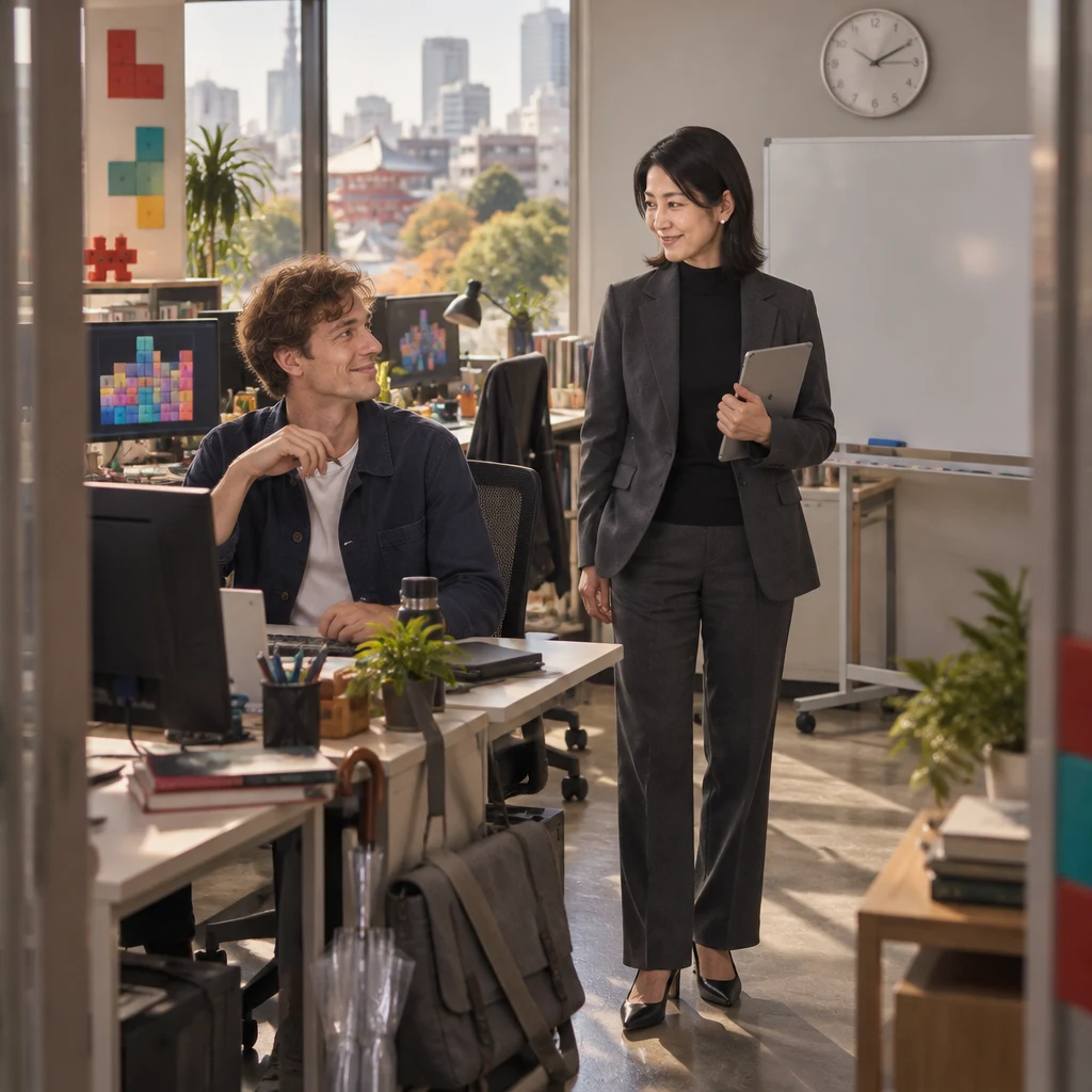 Leo and Mori-san pause their meeting in the Ueno office as the wall clock keeps time above the blank whiteboard.