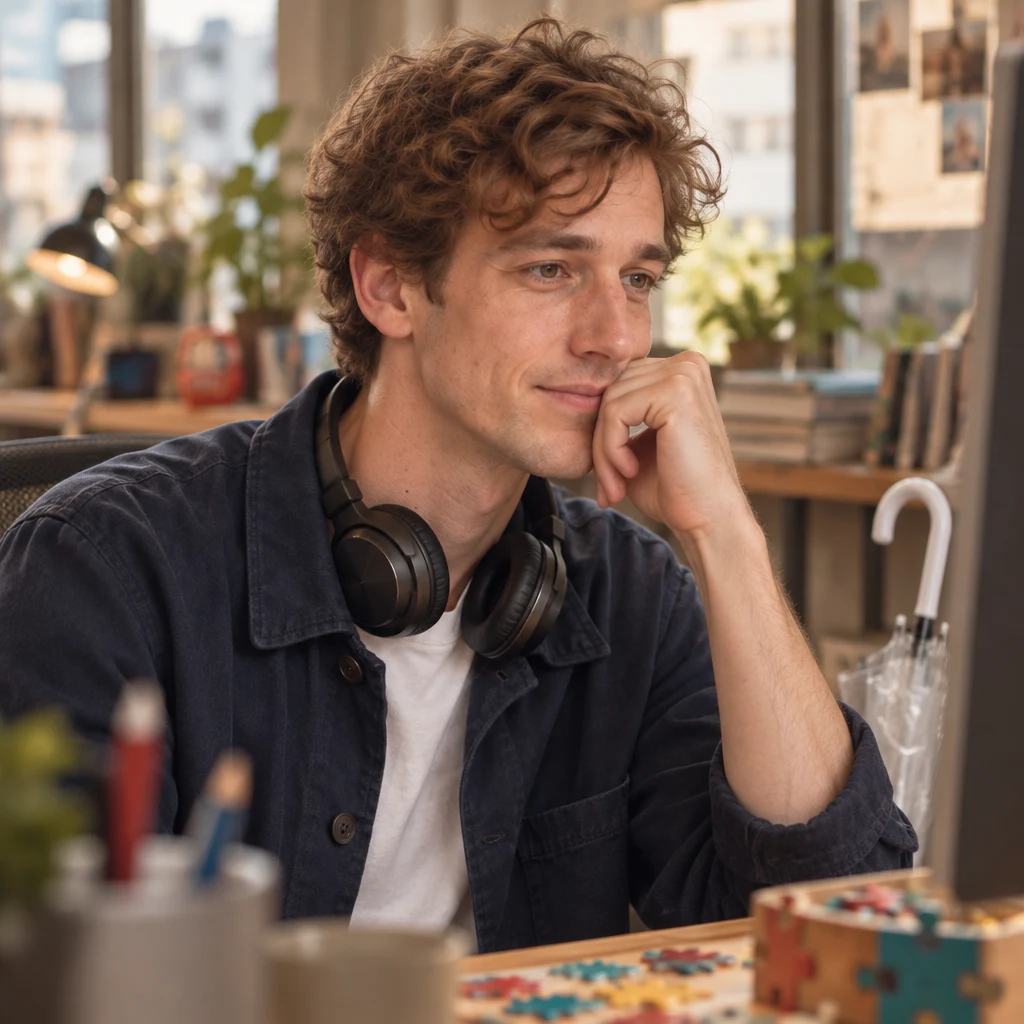 Leo pauses over the puzzle-game build, aware that the work is behind schedule.