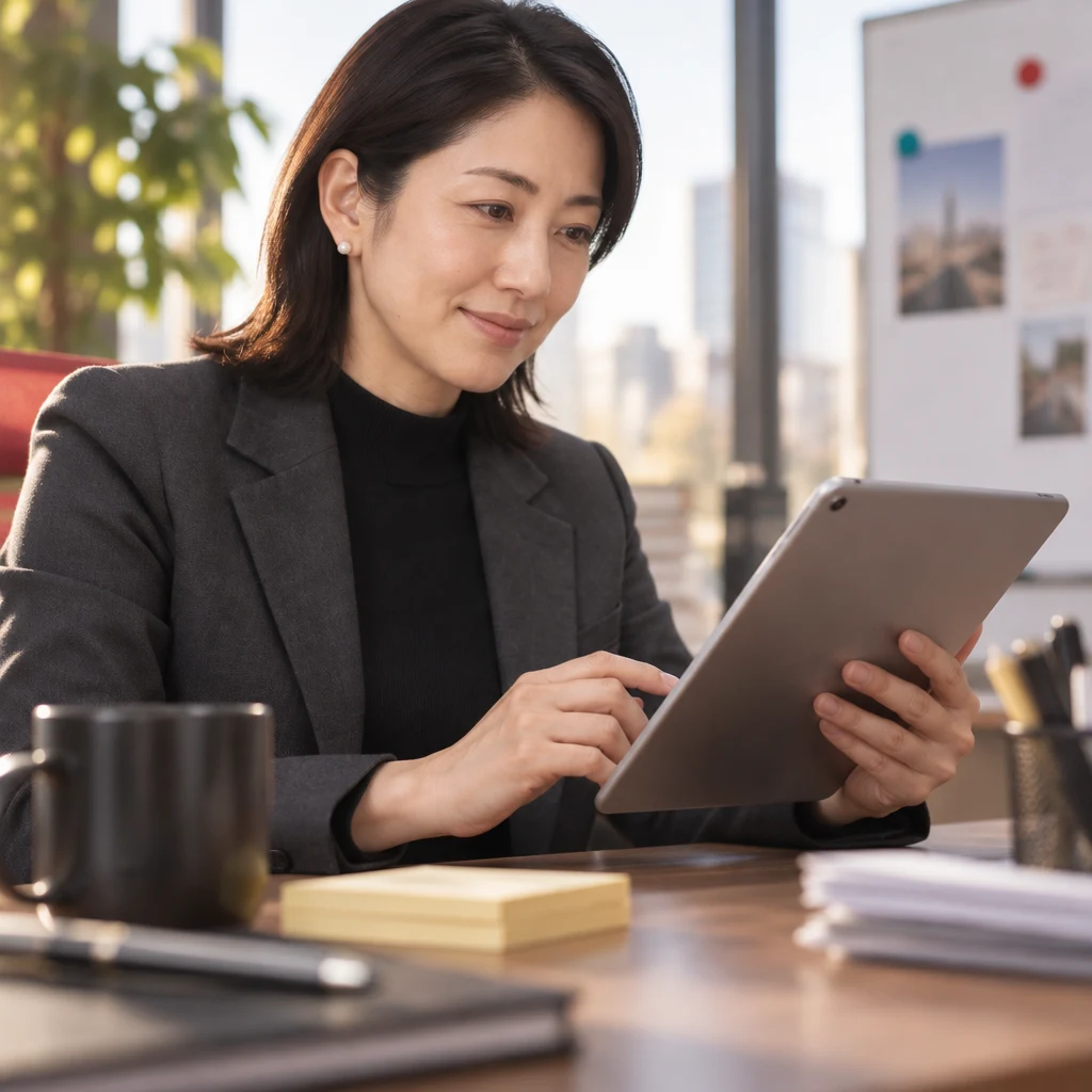 Mori-san checks the remaining work on a tablet beside a small group of blank sticky notes.