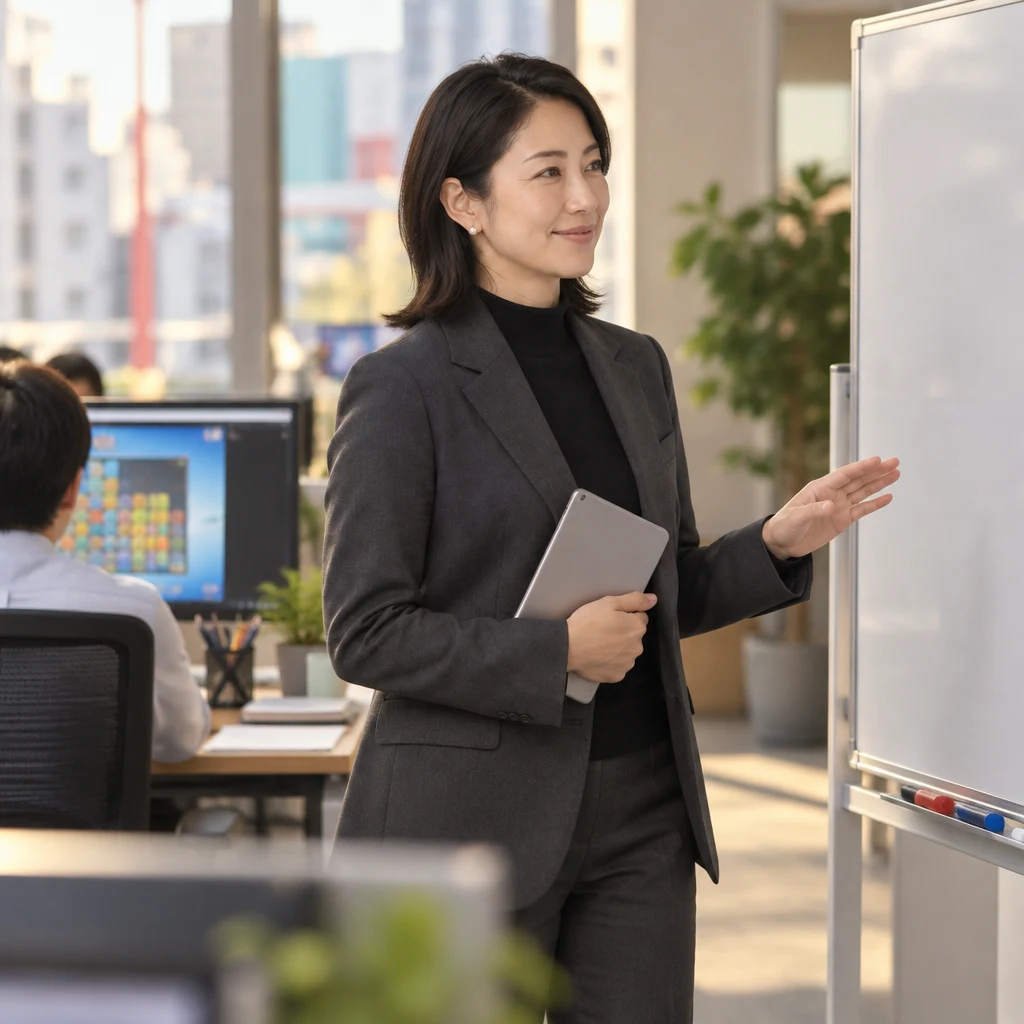 Mori-san gestures toward the blank whiteboard and turns the meeting away from the puzzle bug.