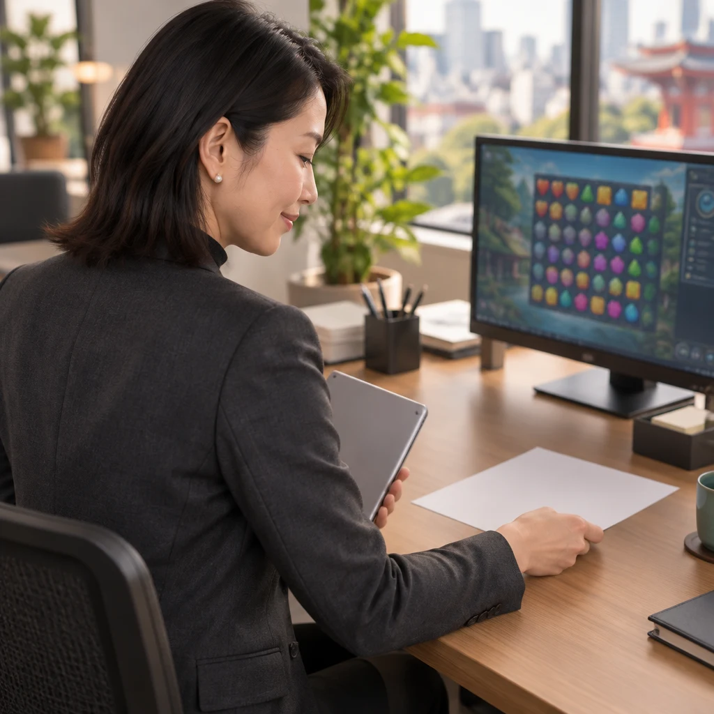 Mori-san sets a blank printout face-down beside the tablet, putting the bug discussion aside.
