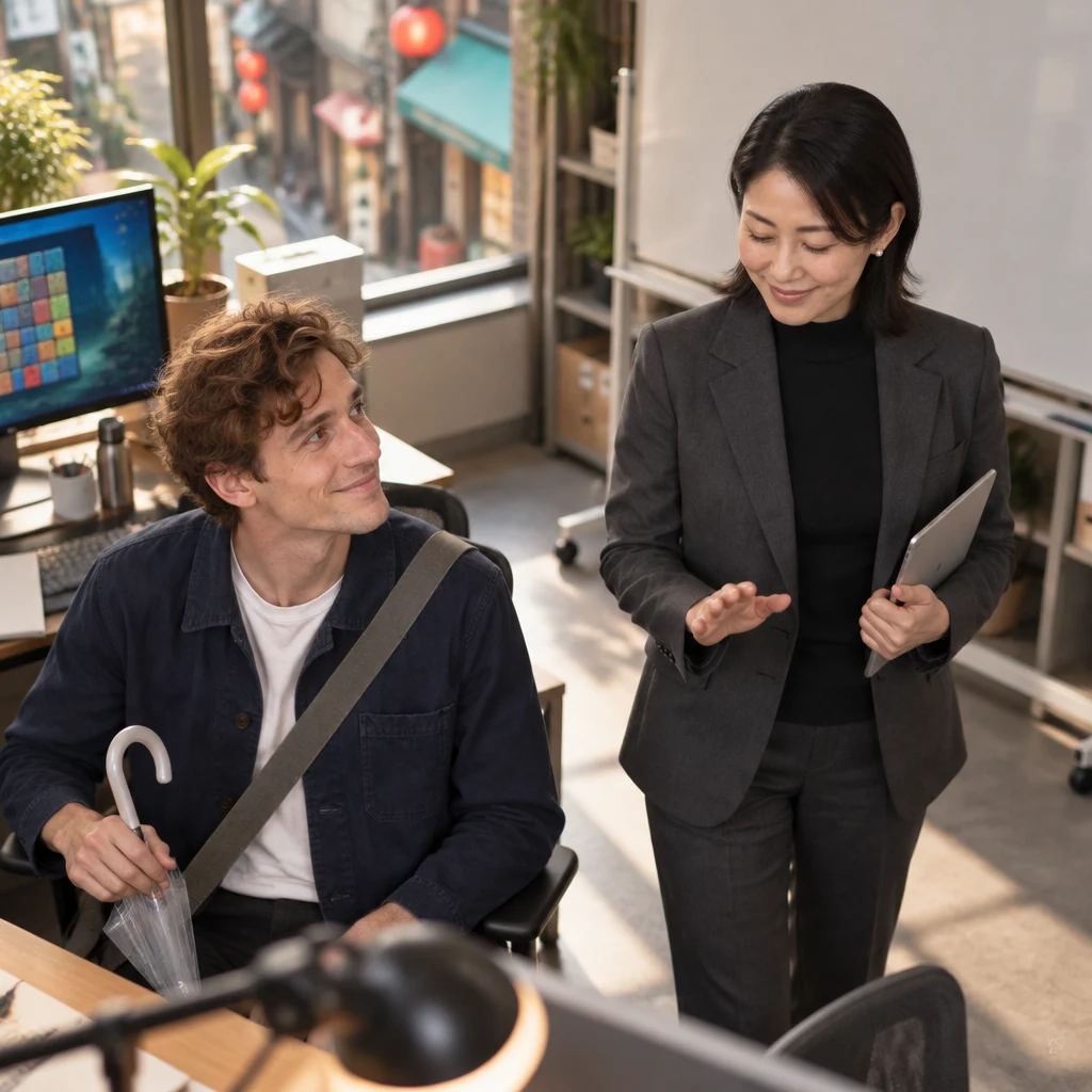 Mori-san closes the tablet while Leo sits nearby as they wrap up for the day.