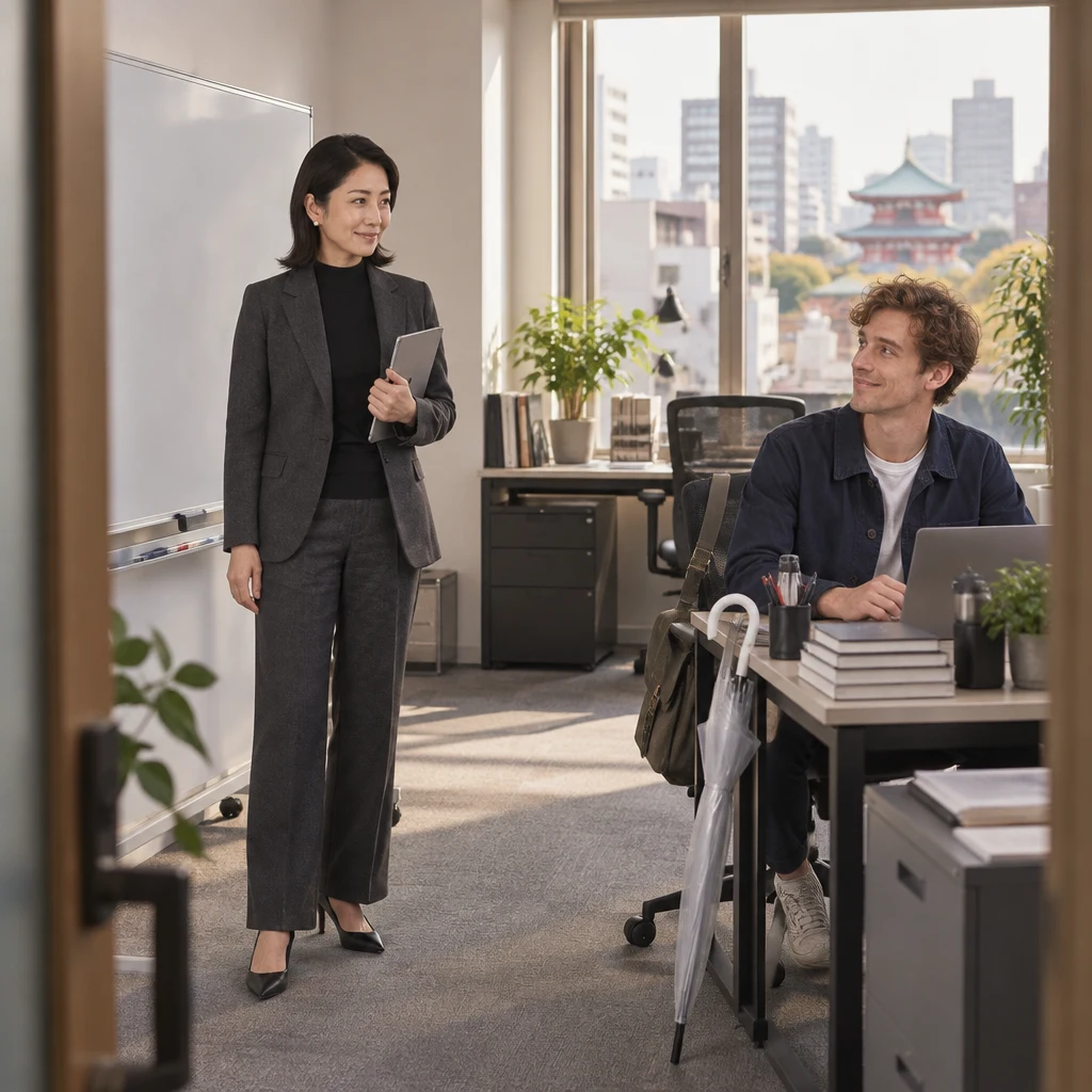 Mori-san stands by the blank whiteboard and looks toward Leo at his desk.