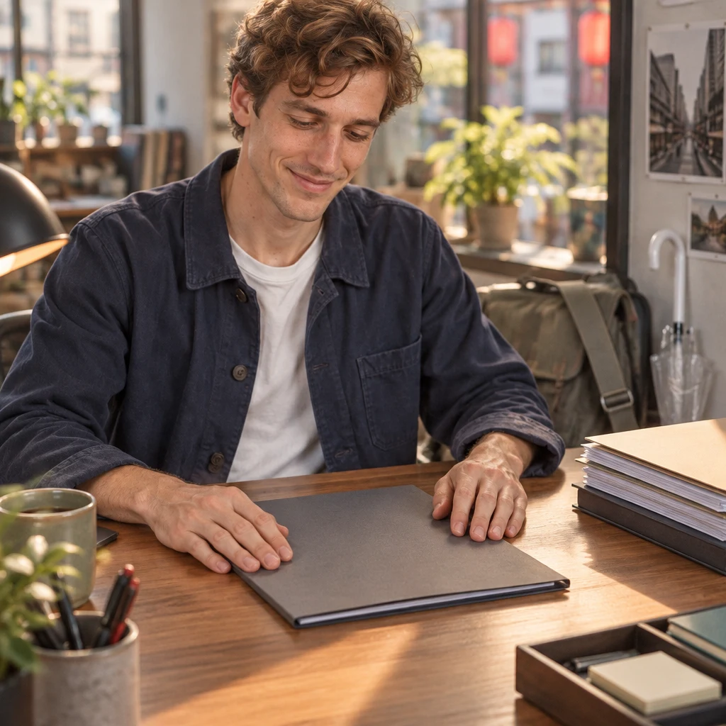 Leo rests both hands on a closed folder containing finished work.