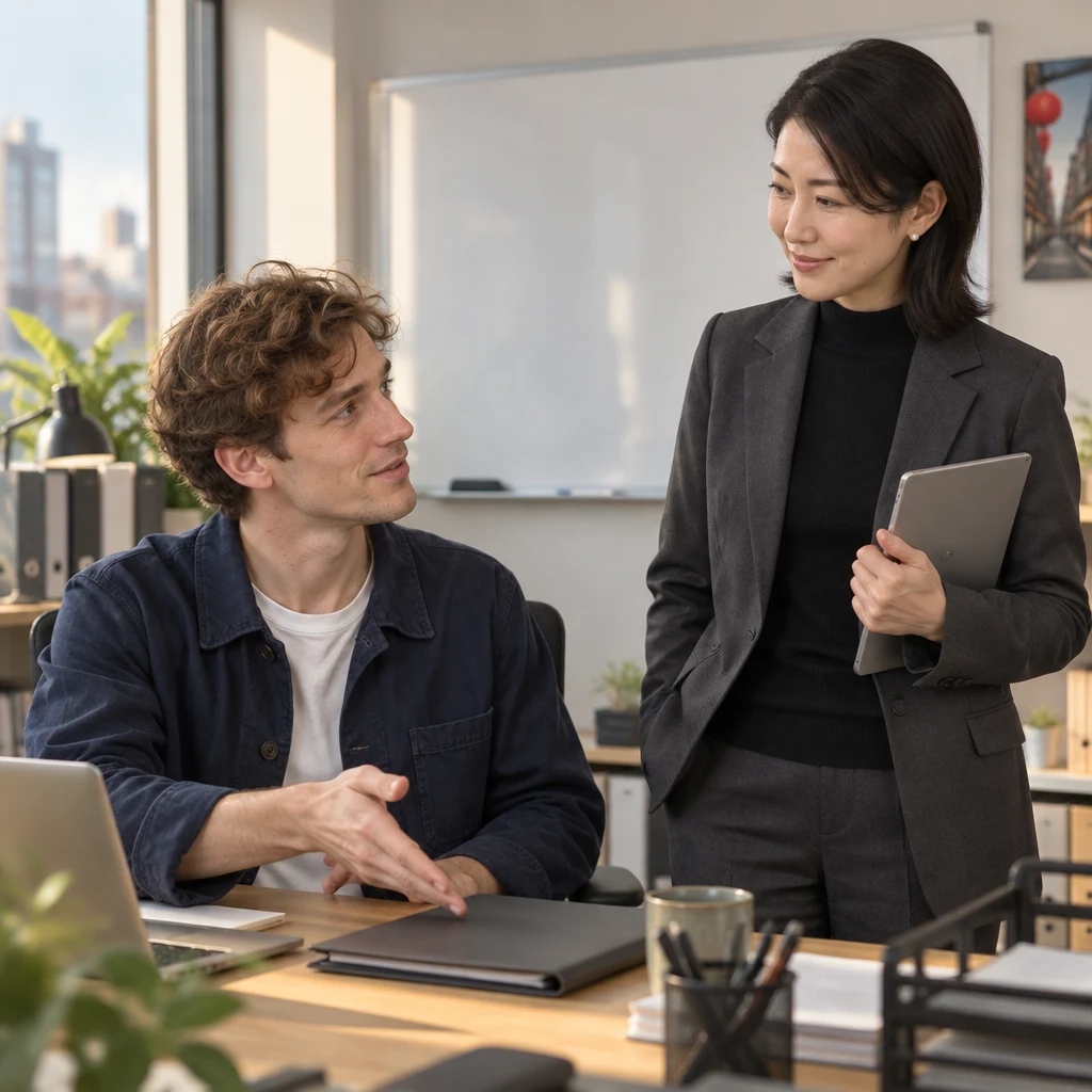 Leo gestures toward the folder as Mori-san listens to his handover plan.
