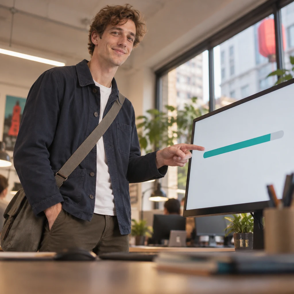 Leo points to a mostly filled progress bar on his monitor.